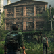 Joel follows Tess through an urban landscape overgrown with greenery in the game The Last of Us.